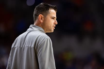 Nov 17, 2023; Gainesville, Florida, USA; Florida Gators head coach Todd Golden looks on during the first half against the Florida State Seminoles at Exactech Arena at the Stephen C. O'Connell Center. Mandatory Credit: Matt Pendleton-USA TODAY Sports