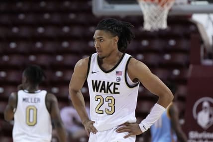 Nov 17, 2023; Charleston, SC, USA; Wake Forest Demon Deacons guard Hunter Sallis (23) on the court in the second half against the Towson Tigers at TD Arena. Mandatory Credit: David Yeazell-USA TODAY Sports