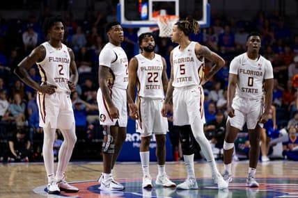 Nov 17, 2023; Gainesville, Florida, USA; Florida State Seminoles forward Jamir Watkins (2), Florida State Seminoles guard Cam'Ron Fletcher (21), Florida State Seminoles guard Darin Green Jr. (22), Florida State Seminoles forward De'Ante Green (5) and Florida State Seminoles guard Chandler Jackson (0) look on during the second half against the Florida Gators at Exactech Arena at the Stephen C. O'Connell Center. Mandatory Credit: Matt Pendleton-USA TODAY Sports