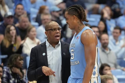 Nov 17, 2023; Chapel Hill, North Carolina, USA; North Carolina Tar Heels head coach Hubert Davis and forward Armando Bacot (5) in the second half at Dean E. Smith Center. Mandatory Credit: Bob Donnan-USA TODAY Sports