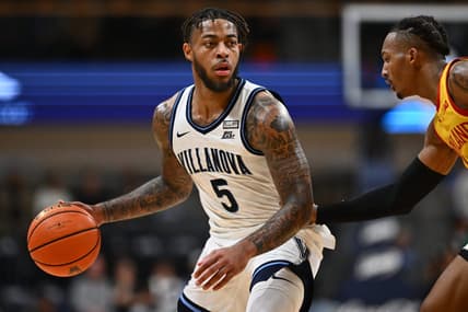 Nov 17, 2023; Villanova, Pennsylvania, USA; Villanova Wildcats guard Justin Moore (5) controls the ball against the Maryland Terrapins in the first half at William B. Finneran Pavilion. Mandatory Credit: Kyle Ross-USA TODAY Sports
