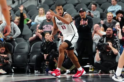 Nov 17, 2023; Las Vegas, NV, USA; San Diego State Aztecs forward Jaedon LeDee (13) celebrates after scoring against the Saint Mary's Gaels during the second half at T-Mobile Arena. Mandatory Credit: Stephen R. Sylvanie-USA TODAY Sports