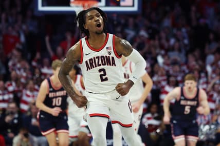 Nov 17, 2023; Tucson, Arizona, USA; Arizona Wildcats guard Caleb Love (2) celebrates a basket against the Belmont Bruins during the first half at McKale Center. Mandatory Credit: Zachary BonDurant-USA TODAY Sports