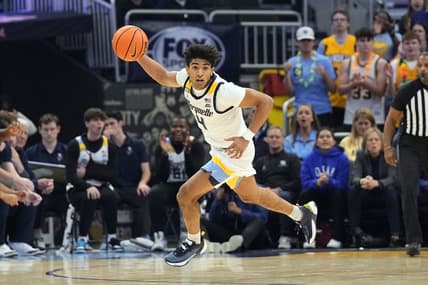 Nov 10, 2023; Milwaukee, Wisconsin, USA;  Marquette Golden Eagles guard Stevie Mitchell (4) during the game against the Rider Broncs at Fiserv Forum. Mandatory Credit: Jeff Hanisch-USA TODAY Sports
