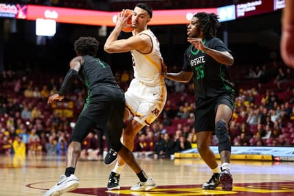 Nov 18, 2023; Minneapolis, Minnesota, USA; Minnesota Golden Gophers forward Dawson Garcia (3) drives to the basket while USC Upstate Spartans forward Ahmir Langlais (35) and guard Nick Alves (1) defends during the first half at Williams Arena. Mandatory Credit: Matt Krohn-USA TODAY Sports