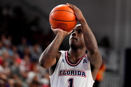 Nov 18, 2023; Boca Raton, Florida, USA; Florida Atlantic Owls guard Johnell Davis (1) takes a free throw against the Bryant University Bulldogs during the first half at Eleanor R. Baldwin Arena. Mandatory Credit: Rich Storry-USA TODAY Sports