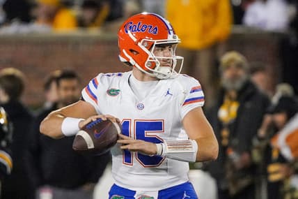 Nov 18, 2023; Columbia, Missouri, USA; Florida Gators quarterback Graham Mertz (15) warms up against the Missouri Tigers prior to a game at Faurot Field at Memorial Stadium. Mandatory Credit: Denny Medley-USA TODAY Sports