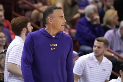 Nov 19, 2023; Charleston, SC, USA; LSU Tigers head coach Matt McMahon watches the action on the court in the first half against the Wake Forest Demon Deacons at TD Arena. Mandatory Credit: David Yeazell-USA TODAY Sports