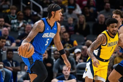 Nov 19, 2023; Indianapolis, Indiana, USA; Orlando Magic forward Paolo Banchero (5) dribbles the ball in the first quarter against the Indiana Pacers at Gainbridge Fieldhouse. Mandatory Credit: Trevor Ruszkowski-USA TODAY Sports