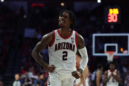Nov 19, 2023; Tucson, Arizona, USA; Arizona Wildcats guard Caleb Love (2) celebrates a basket against the Texas-Arlington Mavericks during the first half at McKale Center. Mandatory Credit: Zachary BonDurant-USA TODAY Sports
