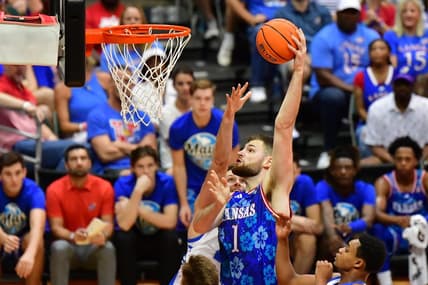 Nov 20, 2023; Honolulu, Hawaii, USA;  Kansas Jayhawks center Hunter Dickinson (1) shoots the ball during the second period against the Chaminade Silverswords at SimpliFi Arena at Stan Sheriff Center. Mandatory Credit: Steven Erler-USA TODAY Sports
