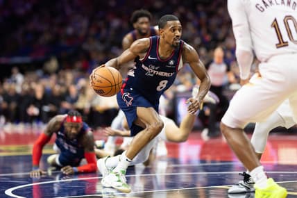 Nov 21, 2023; Philadelphia, Pennsylvania, USA; Philadelphia 76ers guard De'Anthony Melton (8) dribbles the ball against the Cleveland Cavaliers during the third quarter at Wells Fargo Center. Mandatory Credit: Bill Streicher-USA TODAY Sports