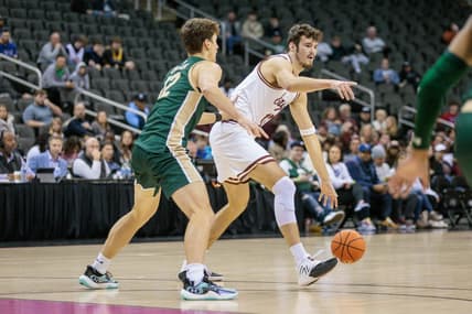 Nov 22, 2023; Kansas City, Missouri, USA; Boston College Eagles forward Quinten Post (12) looks to set the play during the first half against the Colorado State Rams at T-Mobile Center. Mandatory Credit: William Purnell-USA TODAY Sports