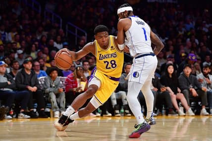 Nov 22, 2023; Los Angeles, California, USA; Los Angeles Lakers forward Rui Hachimura (28) moves to the basket against Dallas Mavericks guard Jaden Hardy (1) during the second half at Crypto.com Arena. Mandatory Credit: Gary A. Vasquez-USA TODAY Sports