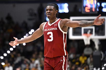 Nov 23, 2023; La Jolla, California, USA; Oklahoma Sooners guard Otega Oweh (3) reacts during the first half against the Iowa Hawkeyes at LionTree Arena. Mandatory Credit: Orlando Ramirez-USA TODAY Sports