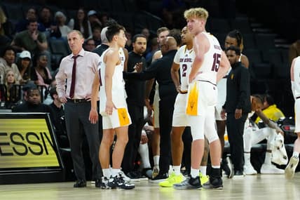 Nov 23, 2023; Las Vegas, Nevada, USA; Arizona State Sun Devils head coach Bobby Hurley awaits a review of an altercation against the Brigham Young Cougars during the second half at Michelob Ultra Arena. Mandatory Credit: Stephen R. Sylvanie-USA TODAY Sports