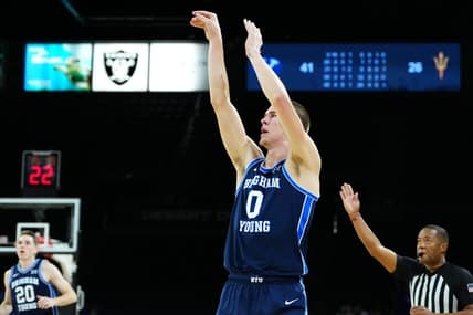Nov 23, 2023; Las Vegas, Nevada, USA; Brigham Young Cougars forward Noah Waterman (0) shoots against the Arizona State Sun Devils during the second half at Michelob Ultra Arena. Mandatory Credit: Stephen R. Sylvanie-USA TODAY Sports