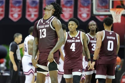 Nov 24, 2023; Kissimmee, FL, USA;  Texas A&M Aggies forward Solomon Washington (13) reacts after a call in a game against the Florida Atlantic Owls in the second half during the ESPN Events Invitational Semifinals at State Farm Field House. Mandatory Credit: Nathan Ray Seebeck-USA TODAY Sports