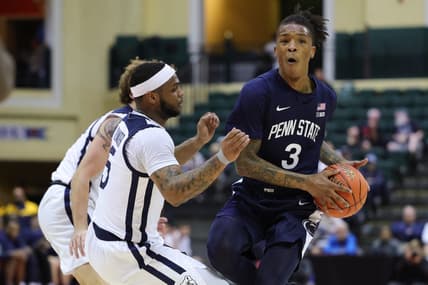 Nov 24, 2023; Kissimmee, FL, USA;  Penn State Nittany Lions guard Nick Kern Jr. (3) looks to pass the the ball guarded y Butler Bulldogs guard Posh Alexander (5) in the first half during the ESPN Events Invitational Consolation game 1 at State Farm Field House. Mandatory Credit: Nathan Ray Seebeck-USA TODAY Sports