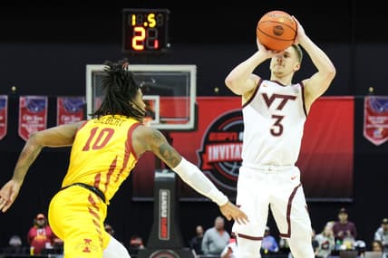 Nov 24, 2023; Kissimmee, FL, USA;  Virginia Tech Hokies guard Sean Pedulla (3) shoots the ball against the Iowa State Cyclones in the first half during the ESPN Events Invitational Semifinal at State Farm Field House. Mandatory Credit: Nathan Ray Seebeck-USA TODAY Sports