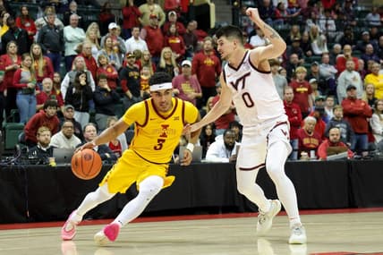 Nov 24, 2023; Kissimmee, FL, USA;  Iowa State Cyclones guard Tamin Lipsey (3) drives to the hoop guarded by Virginia Tech Hokies guard Hunter Cattoor (0) in the second half during the ESPN Events Invitational Semifinal at State Farm Field House. Mandatory Credit: Nathan Ray Seebeck-USA TODAY Sports
