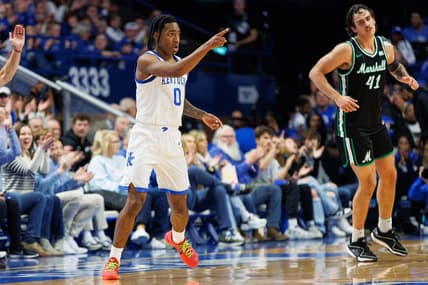 Nov 24, 2023; Lexington, Kentucky, USA; Kentucky Wildcats guard Rob Dillingham (0) celebrates after making a basket during the first half against the Marshall Thundering Herd at Rupp Arena at Central Bank Center. Mandatory Credit: Jordan Prather-USA TODAY Sports