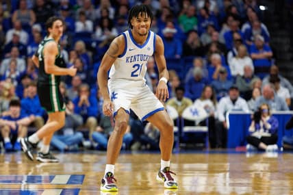 Nov 24, 2023; Lexington, Kentucky, USA; Kentucky Wildcats guard D.J. Wagner (21) smiles during the second half against the Marshall Thundering Herd at Rupp Arena at Central Bank Center. Mandatory Credit: Jordan Prather-USA TODAY Sports