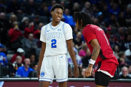Nov 24, 2023; Las Vegas, NV, USA; Brigham Young Cougars guard Jaxson Robinson (2) and North Carolina State Wolfpack guard Jayden Taylor (1) await an inbounds play during the second half at Michelob ULTRA Arena. Mandatory Credit: Stephen R. Sylvanie-USA TODAY Sports