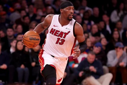 Nov 24, 2023; New York, New York, USA; Miami Heat center Bam Adebayo (13) brings the ball up court against the New York Knicks during the first quarter at Madison Square Garden. Mandatory Credit: Brad Penner-USA TODAY Sports