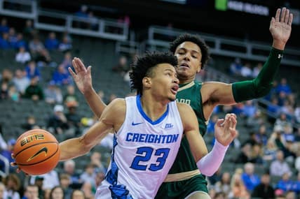 Nov 23, 2023; Kansas City, Missouri, USA; Creighton Bluejays guard Trey Alexander (23) drives around Colorado State Rams guard Nique Clifford (10) at T-Mobile Center. Mandatory Credit: William Purnell-USA TODAY Sports