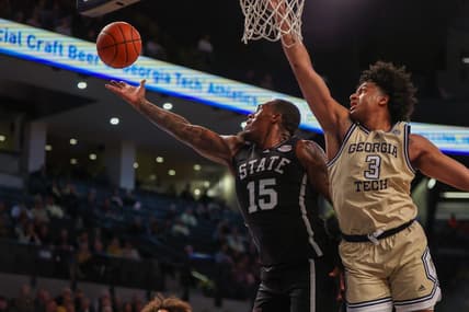 Nov 28, 2023; Atlanta, Georgia, USA; Mississippi State Bulldogs forward Jimmy Bell Jr. (15) grabs a rebound past Georgia Tech Yellow Jackets guard Dallan Coleman (3) in the first half at McCamish Pavilion. Mandatory Credit: Brett Davis-USA TODAY Sports