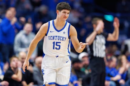 Nov 28, 2023; Lexington, Kentucky, USA; Kentucky Wildcats guard Reed Sheppard (15) reacts after making a basket during the first half against the Miami (Fl) Hurricanes at Rupp Arena at Central Bank Center. Mandatory Credit: Jordan Prather-USA TODAY Sports