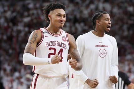 Nov 29, 2023; Fayetteville, Arkansas, USA; Arkansas Razorbacks guard Jeremiah Davenport (24) celebrates after a score in the second half against the Duke Blue Devils at Bud Walton Arena. Arkansas won 80-75. Mandatory Credit: Nelson Chenault-USA TODAY Sports