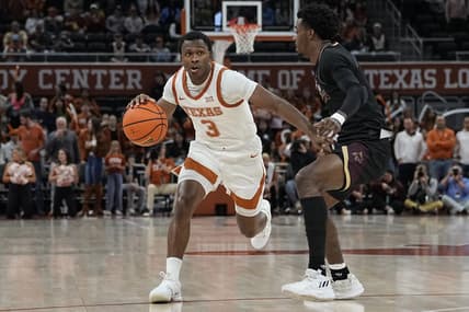 Nov 30, 2023; Austin, Texas, USA; Texas Longhorns guard Max Abmas (3) looks to pass the ball while defended by Texas State Bobcats guard Dylan Dawson (0) during the second half at Moody Center. Mandatory Credit: Scott Wachter-USA TODAY Sports