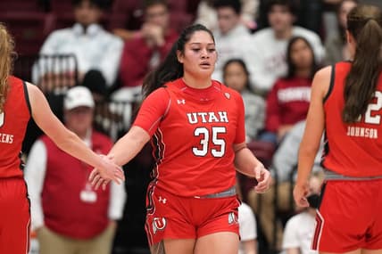 (File photo) Utah Utes forward Alissa Pili (35) is congratulated by guard Gianna Kneepkens (left) and forward Jenna Johnson (right) during the third quarter against the Stanford Cardinal at Maples Pavilion. Mandatory Credit: Darren Yamashita-USA TODAY Sports