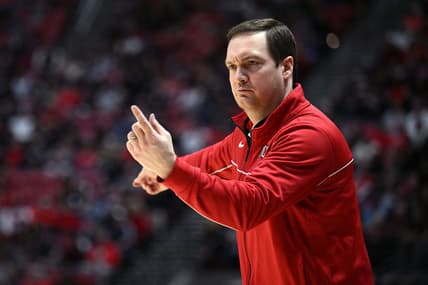 Feb 11, 2023; San Diego, California, USA; UNLV Rebels head coach Kevin Kruger gestures during the first half against the San Diego State Aztecs at Viejas Arena. Mandatory Credit: Orlando Ramirez-USA TODAY Sports
