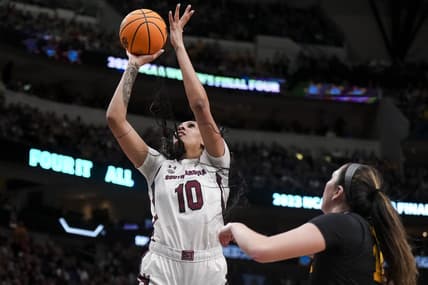 Mar 31, 2023; Dallas, TX, USA; South Carolina Gamecocks center Kamilla Cardoso (10) drives to the basket against the Iowa Hawkeyes in the second half in semifinals of the women's Final Four of the 2023 NCAA Tournament at American Airlines Center. Mandatory Credit: Kirby Lee-USA TODAY Sports