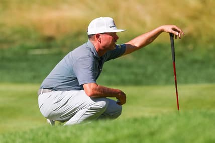 Jun 25, 2023; Cromwell, Connecticut, USA; Chez Reavie reads his putt on the 14th green during the final round of the Travelers Championship golf tournament. Mandatory Credit: Vincent Carchietta-USA TODAY Sports