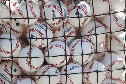 Oct 3, 2023; Minneapolis, Minnesota, USA; General view of baseball before the game between the Minnesota Twins and the Toronto Blue Jays during game one of the Wildcard series for the 2023 MLB playoffs at Target Field. Mandatory Credit: Jesse Johnson-USA TODAY Sports