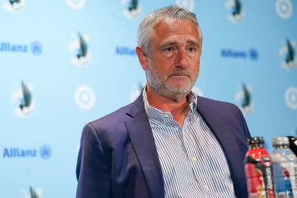 Oct 7, 2023; Saint Paul, Minnesota, USA; Minnesota United interim head coach Sean McAuley hosts the post-match press conference after defeating the Los Angeles Galaxy at Allianz Field. Mandatory Credit: Matt Blewett-USA TODAY Sports