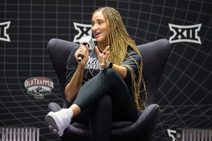 Oct 17, Kansas City, MO, USA; Kansas State player Ayoka Lee answers questions at the Big 12 Women s Basketball Tipoff at T-Mobile Center. Mandatory Credit: Kylie Graham-USA TODAY Sports