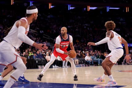 Oct 18, 2023; New York, New York, USA; Washington Wizards forward Taj Gibson (67) controls the ball against the New York Knicks during the fourth quarter at Madison Square Garden. Mandatory Credit: Brad Penner-USA TODAY Sports