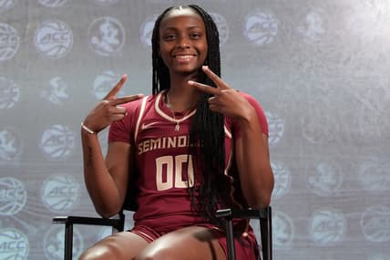 Oct 24, 2023; Charlotte, NC, USA; Florida State player Ta Niya Latson during the ACC Women s Tipoff at Hilton Charlotte Uptown. Mandatory Credit: Jim Dedmon-USA TODAY Sports