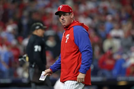 Oct 24, 2023; Philadelphia, Pennsylvania, USA; Philadelphia Phillies manager Rob Thomson (59) in the seventh inning during game seven of the NLCS for the 2023 MLB playoffs against the Arizona Diamondbacks at Citizens Bank Park. Mandatory Credit: Eric Hartline-USA TODAY Sports