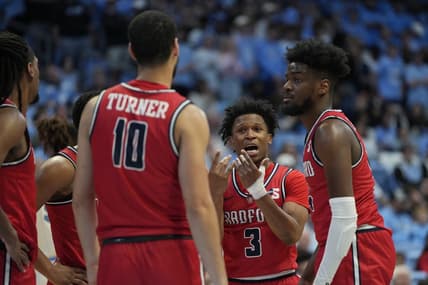 Nov 6, 2023; Chapel Hill, North Carolina, USA; Radford Highlanders guard Kenyon Giles (3) talks to the team in the huddle in the second half at Dean E. Smith Center. Mandatory Credit: Bob Donnan-USA TODAY Sports