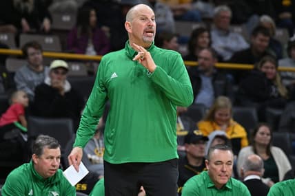 Nov 7, 2023; Iowa City, Iowa, USA; North Dakota Fighting Hawks head coach Paul Sather reacts during the first half against the Iowa Hawkeyes at Carver-Hawkeye Arena. Mandatory Credit: Jeffrey Becker-USA TODAY Sports