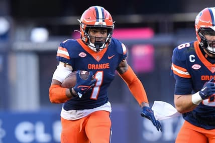 Nov 11, 2023; New York, New York, USA;  Syracuse Orange running back LeQuint Allen (1) runs with the ball against the Pittsburgh Panthers during the first half at Yankee Stadium. Mandatory Credit: Dennis Schneidler-USA TODAY Sports