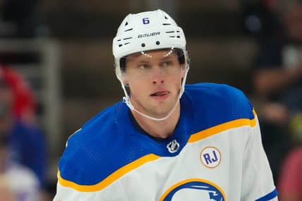 Nov 7, 2023; Raleigh, North Carolina, USA;  Buffalo Sabres defenseman Erik Johnson (6) looks on against the Carolina Hurricanes during the third period at PNC Arena. Mandatory Credit: James Guillory-USA TODAY Sports
