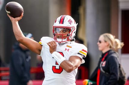 Nov 11, 2023; Lincoln, Nebraska, USA; Maryland Terrapins quarterback Taulia Tagovailoa (3) before the game against the Nebraska Cornhuskers at Memorial Stadium. Mandatory Credit: Dylan Widger-USA TODAY Sports