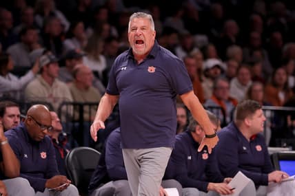 Nov 17, 2023; Brookyln, NY, USA; Auburn Tigers head coach Bruce Pearl coaches against the St. Bonaventure Bonnies during the first half at Barclays Center. Mandatory Credit: Brad Penner-USA TODAY Sports
